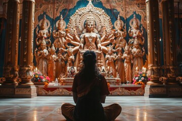 Fototapeta premium Man meditating in front of an intricately designed statue in a peaceful temple.