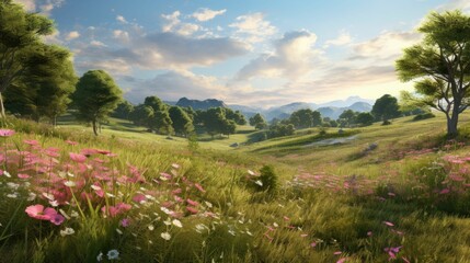 The image is of a beautiful landscape with a large green field of grass and flowers in the foreground.