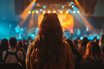 Fototapeta premium A young woman watching a live concert performance with vibrant stage lights.