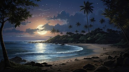 A beautiful beach at night. The moon is full and the water is calm. A couple is walking on the beach. The palm trees are silhouetted against the sky.