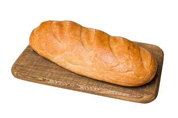 Freshly baked bread on cutting board isolated on white background . perspective view bread with copy space
