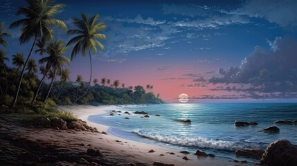 Amazing view of the beach in the evening. Pink sunset sky and blue ocean with white waves. Palm trees on the sandy beach.