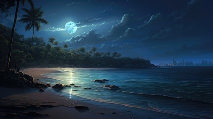 The full moon rises over a tropical beach. The palm trees are silhouetted against the sky. The waves are gently lapping at the shore.