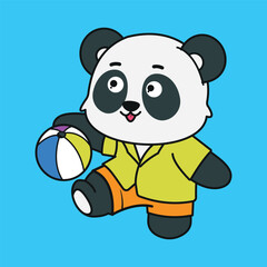 Flat Vector Cute Cartoon Panda Character with Surfing and Ball Happy Summer Beach