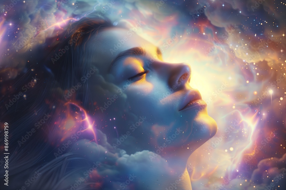 Poster abstract and surreal portraits of women with elements of fantasy and space, exploring themes of
