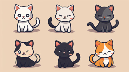 Array of cartoon cats portrayed in various poses and hues, designed for a vibrant sticker collection