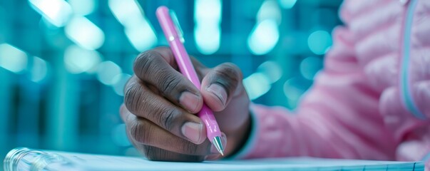 Close-up of a Hand Writing with a Pink Pen.