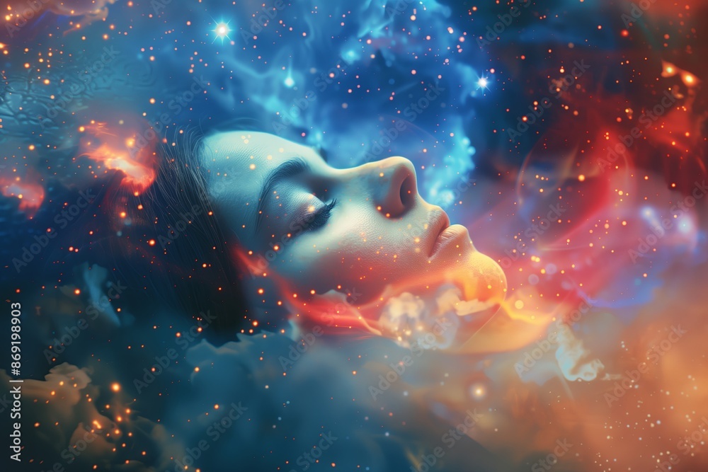 Poster Surreal and abstract imagery combining human faces with galaxy and nebula elements, exploring the