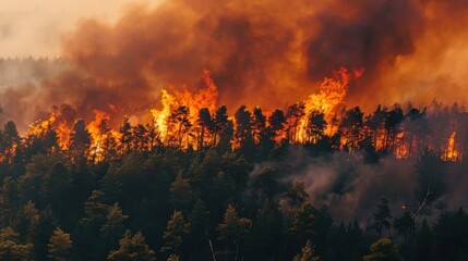 Flames engulfing a forest with thick smoke, wildfire danger, environmental disaster