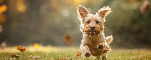An energetic and happy dog runs outdoors with its ears flapping in the air, embodying freedom and excitement in a natural setting with warm lighting and a blurred background.