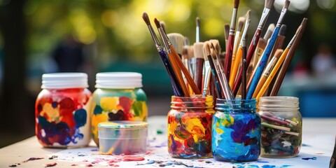 Colorful Paintbrushes and Jars Ready for Art