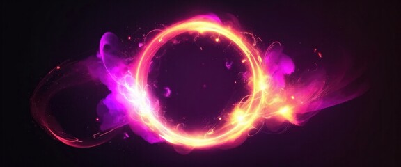 Circle and loop frames with magic Orange and pink flame and sparks on dark background, Abstract neon energy sphere of particles and waves of magical glowing on a dark background