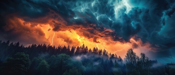 Fototapeta premium Lightning illuminating dark storm clouds over a forest, intense weather, natural drama