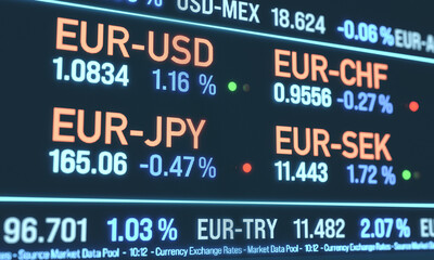 Obraz premium Euro, US dollar, Swiss franc, Japanes yen and Swedish kronas rates on the trading screen. Currency baord, business, investment, global rates, ticker, concept. 3D illustration