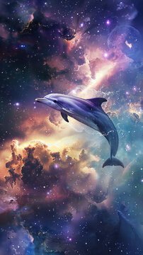 Dolphin floats serenely in colorful heavenly clouds