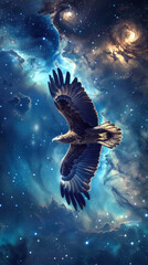Obraz premium Eagle gliding through vibrant cosmic stars field.