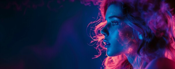 Conceptual art piece of a woman's head,entwined with colorful smoke trails, reality and fantasy.