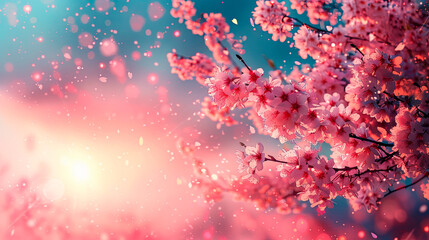 Blooming cherry blossoms at sunrise with a soft, dreamy background. Concept: nature, beauty, dawn. Business use: florists, nature magazines, spring promotions, greeting cards.