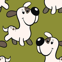 Vector seamless repeating childish pattern with cute dogs in doodle style. Animals background with dog, pets, puppy for invitation, poster, card, flyer, textile, fabric