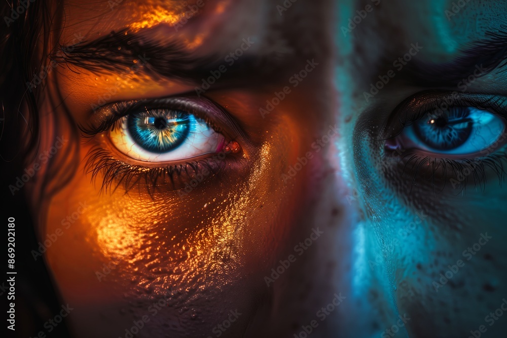 Poster a close up graph of a person s face with intense, conflicting emotions. one eye is bright and