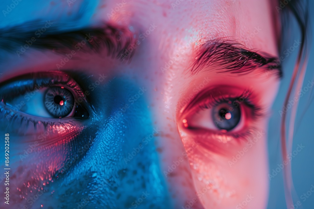 Poster a close up graph of a person s face with intense, conflicting emotions. one eye is bright and