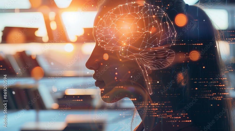 Aufkleber A close up of a person s head, focusing on the brain area with superimposed graphics of neural