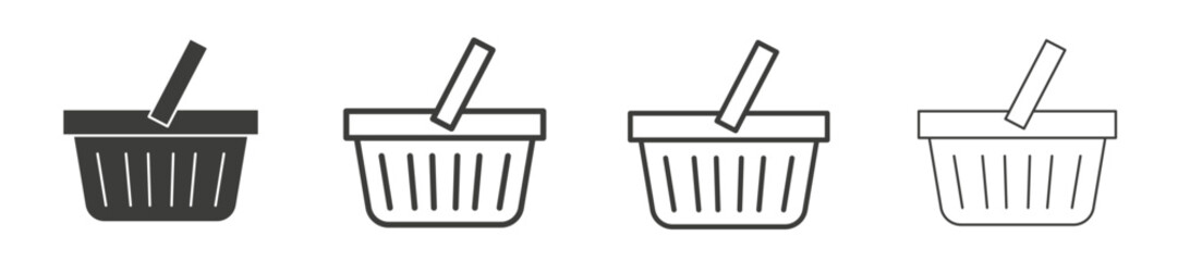 Shopping basket vector icon set in black stroke and solid style