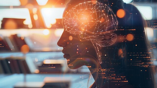 A close up of a person s head, focusing on the brain area with superimposed graphics of neural