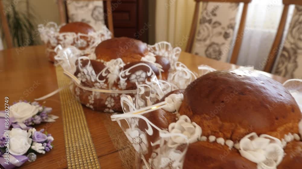 Wall mural Traditional wedding bread on the table. National wedding traditions.