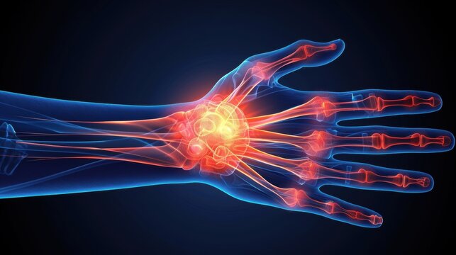 Visual of wrist pain with a glowing red area and sharp lines, showing acute discomfort and radiating pain