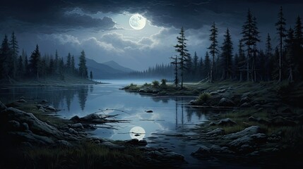 The full moon rises over a tranquil mountain lake, casting a silvery glow on the water and illuminating the dark forest.