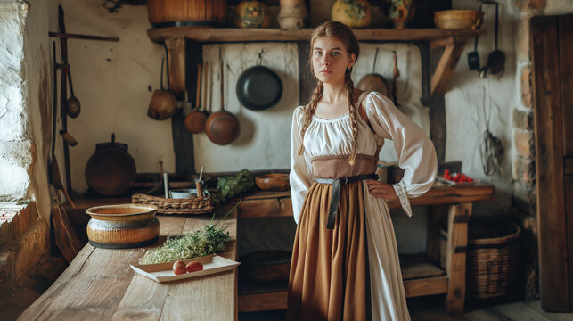 A young girl in medieval clothes and surroundings prepares food