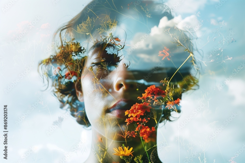 Poster A double exposure graph of a person with their face overlaid with two contrasting images. One image