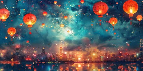 Beautiful red lanterns hanging from autumn trees, creating a magical evening scene with bokeh lights.