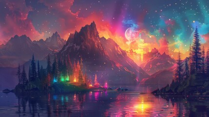 Fototapeta premium Fantasy landscape of glowing village on lake by majestic mountains under colorful aurora borealis, digital art