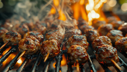Grilled Meatballs on a Barbecue Grill with Smoke and Flames