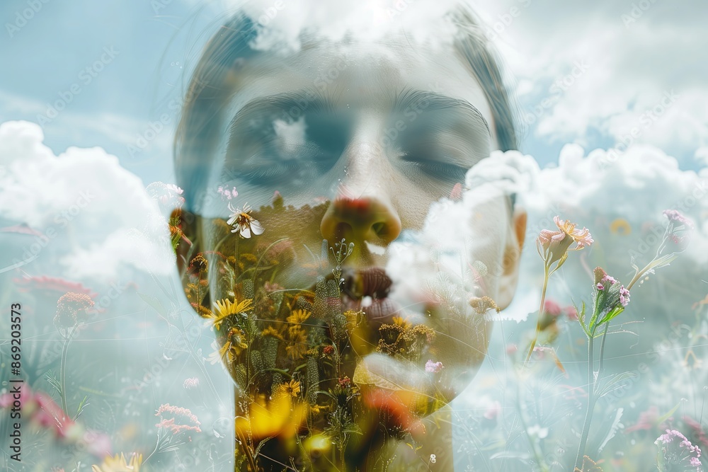 Poster A double exposure graph of a person with their face overlaid with two contrasting images. One image