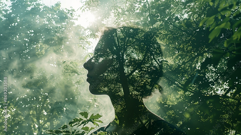 Poster a double exposure image of a person standing in a serene, green forest with sunlight streaming