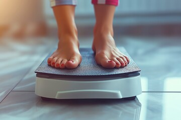 Feet with painted toenails are placed on a digital weighing scale, reflecting an aspect of daily life focused on monitoring health and fitness, emphasizing self-awareness.
