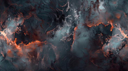 abstract dark and moody background with swirling red and orange accents on a textured blue and gray surface