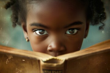 Close up of attractive child reading a book while looking at camera. Elementary student holding fairy tale novel book or bedtime stories with blurring background. Creative activity concept. AIG42. © InfiniteFlow