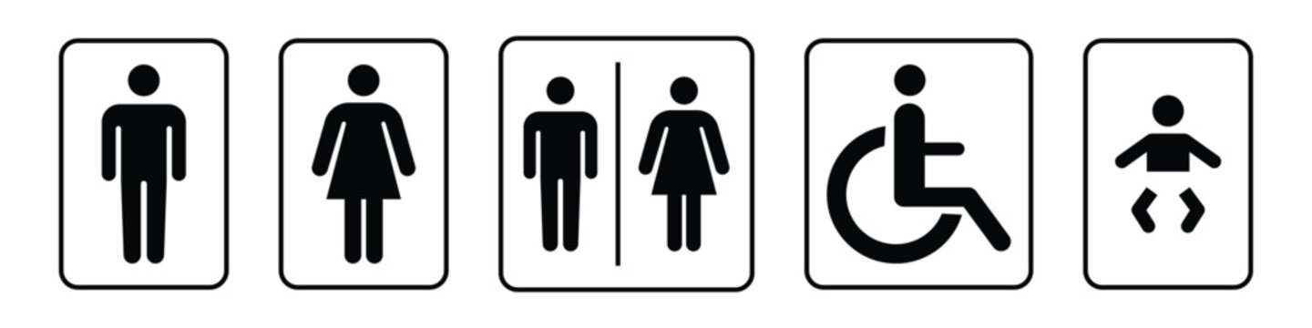 washroom signs. printable sticker of toilet symbol with man woman wc baby icons. restroom bathroom and change room sign. transparent png and vector illustration.