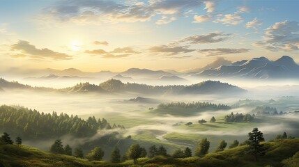 The image is a beautiful landscape of a valley with a river running through it. The valley is surrounded by green hills and mountains.