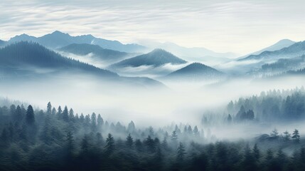 Amazing landscape with mountains and coniferous forest. The weather is foggy and the sun is trying to break through the clouds.
