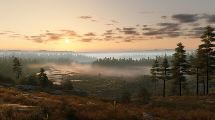 The sun rises over a beautiful landscape. The sky is a gradient of orange and yellow, and the clouds are a light pink.