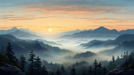 Obraz premium The sun rises over a beautiful mountain landscape. The sky is a deep orange, and the sun is just peeking over the horizon.