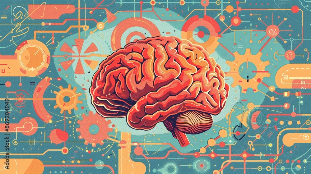 Poster a flat style illustration of a human brain, depicted with gears and cogs interlocking, symbolizing