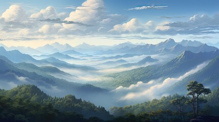 Fototapeta premium The image is of a beautiful mountain landscape. The sky is blue and cloudy, and the sun is shining over the mountains.