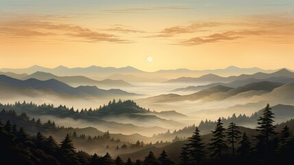 Obraz premium The sun sets over a beautiful mountain landscape. The sky is a deep orange, and the clouds are a light pink.