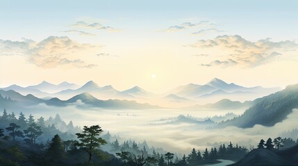 Obraz premium The image is of a beautiful mountain landscape. The sky is blue and cloudy, and the sun is shining over the mountains.